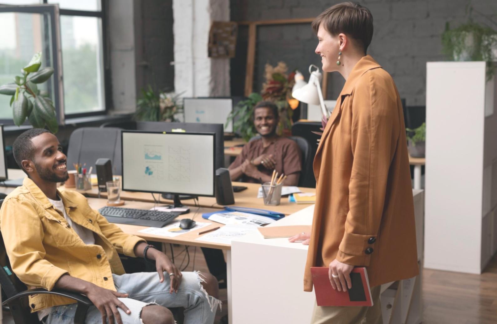 Team che discute progetto web davanti a schermo condiviso in ambiente collaborativo